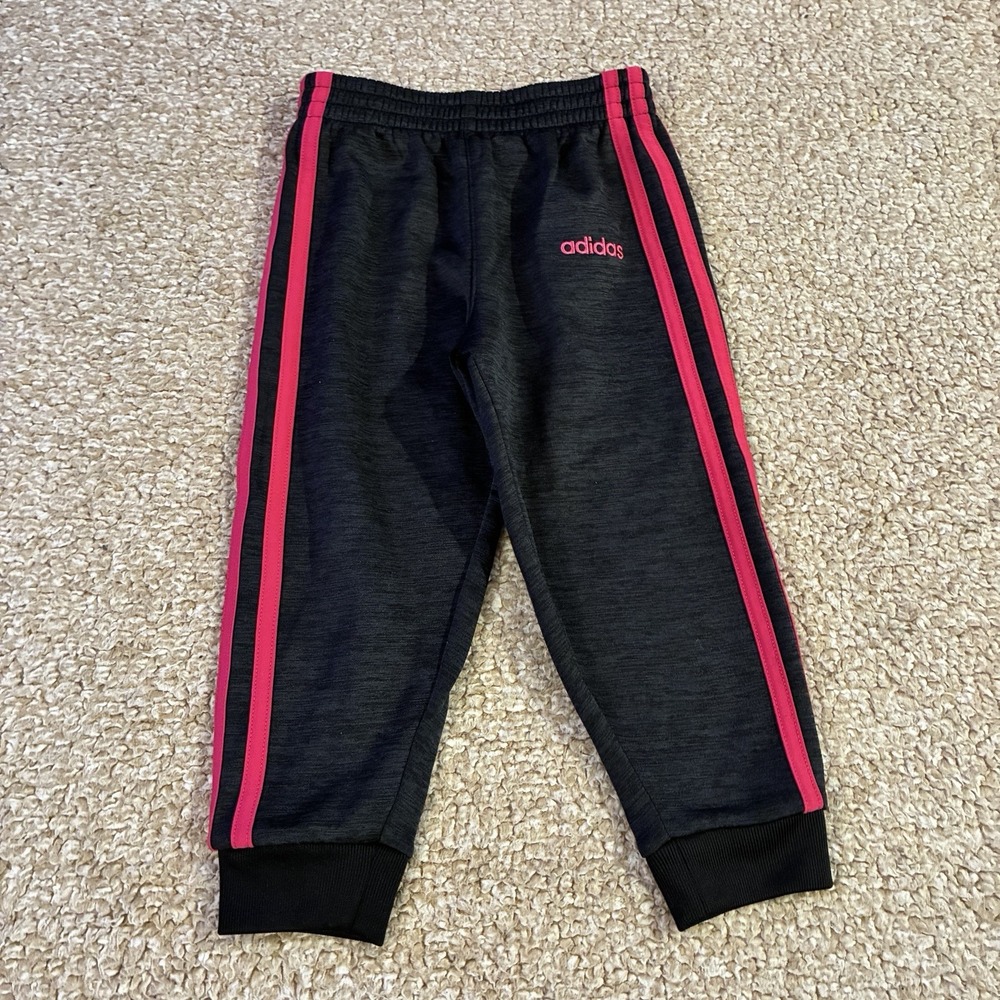 Adidas Girls Track Pants 3T Gray Pink Stripes Logo Jogger Tricot Elastic Cuff